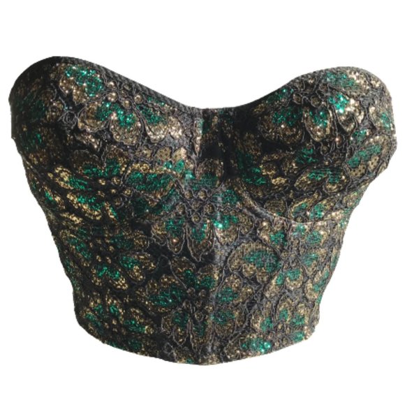 Vintage Tops - Vintage Shiny Embroidered Sexy Floral Crop Bustier